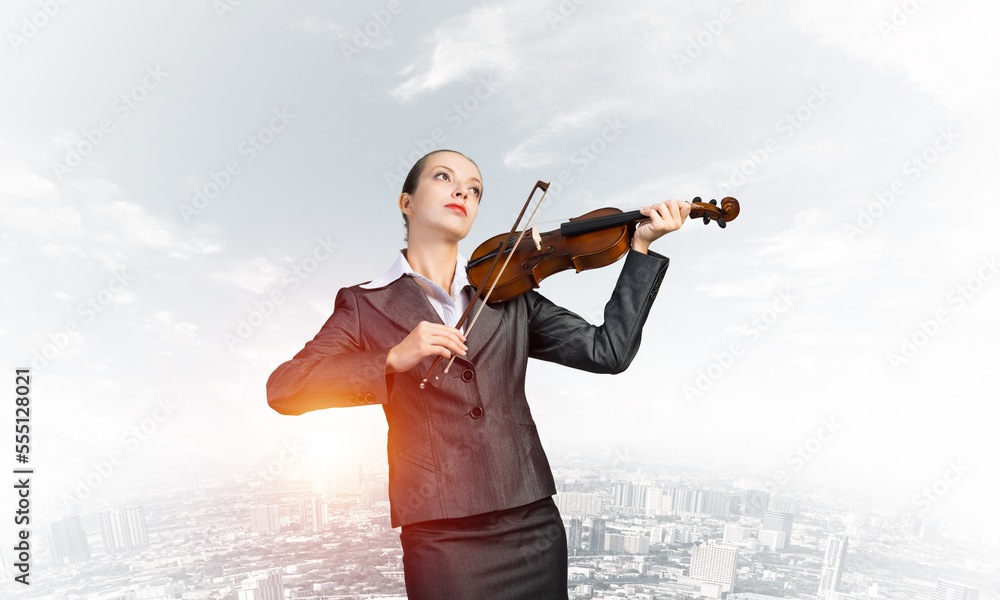 Young attractive business woman plays on skip