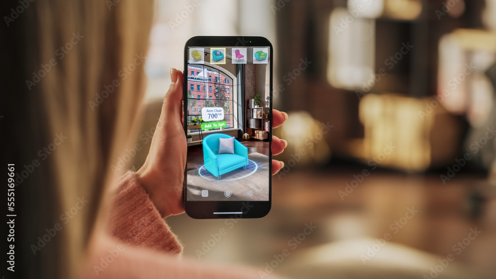 Decorating Apartment: Woman Holding Smartphone, using Augmented Reality Interior Design Software Cho