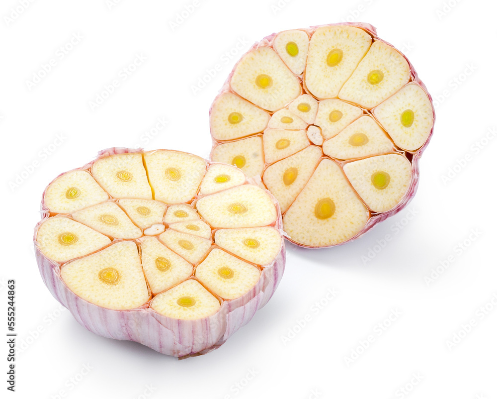 Two half of garlic isolated. Fresh garlic on white background.