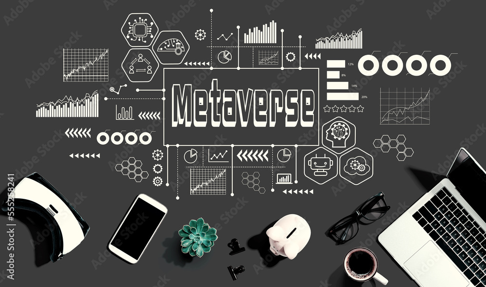 Metaverse theme with electronic gadgets and office supplies - flat lay