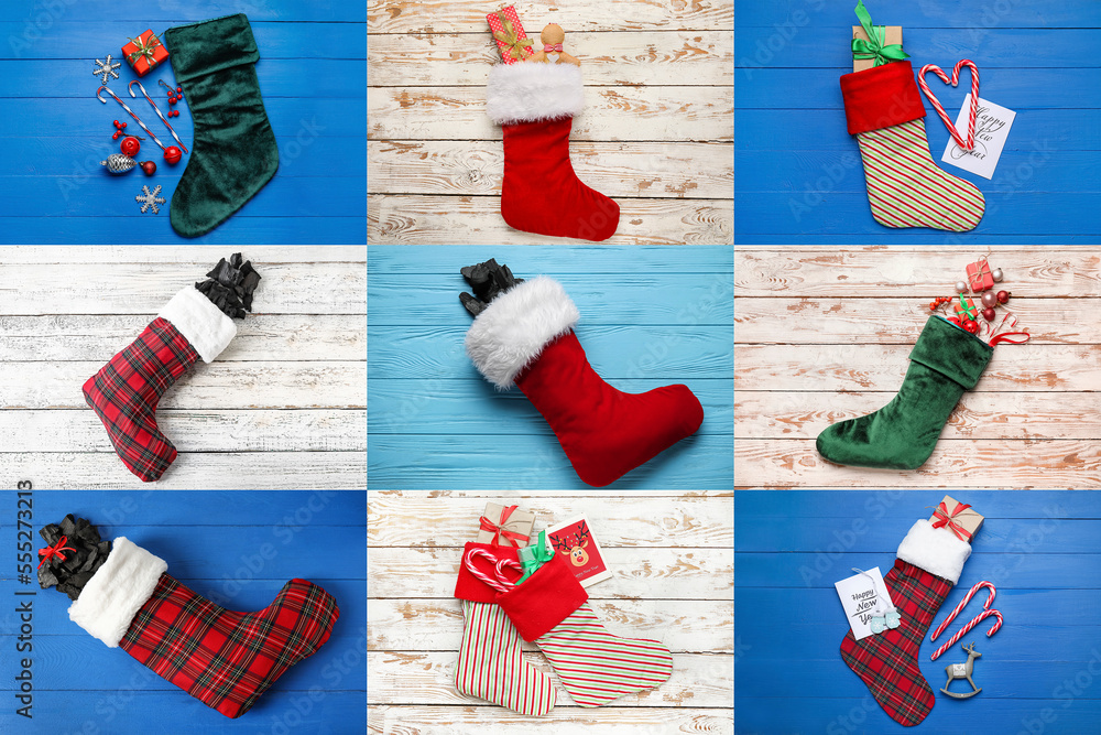 Collage of Christmas socks with gifts on wooden background