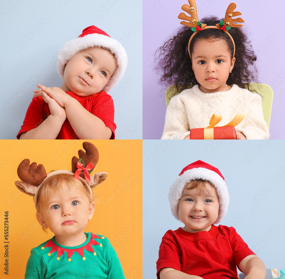 Collage of cute little babies in Christmas costumes on color background