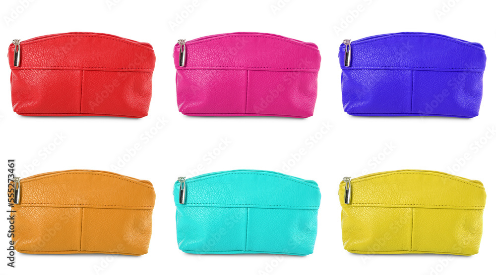 Set of bright cosmetic bags on white background