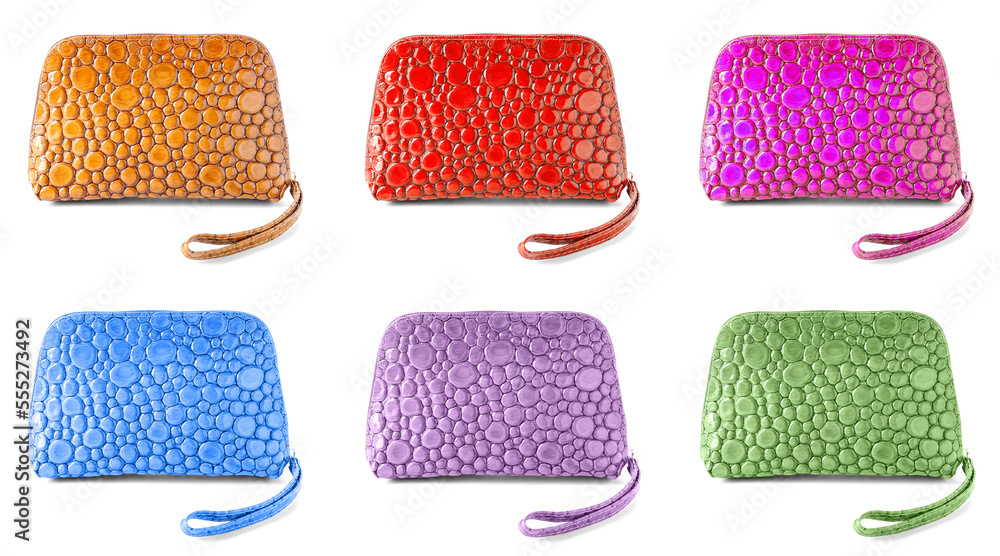 Collage of bright cosmetic bags on white background