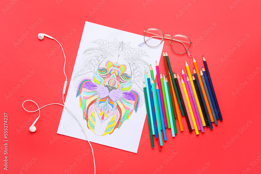 Coloring page, earphones, pencils and eyeglasses on red background