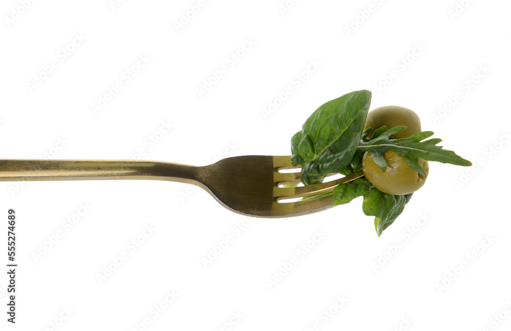 Fork with tasty olives and fresh greens isolated on white background