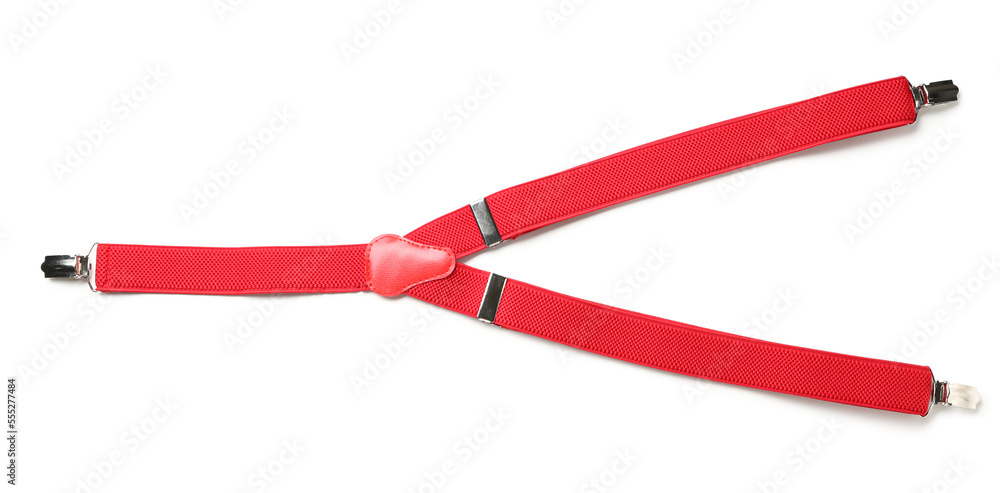 Stylish red suspenders on white background