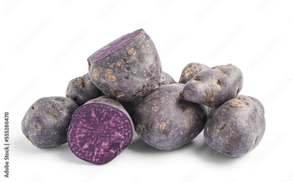 Heap of raw purple potatoes on white background