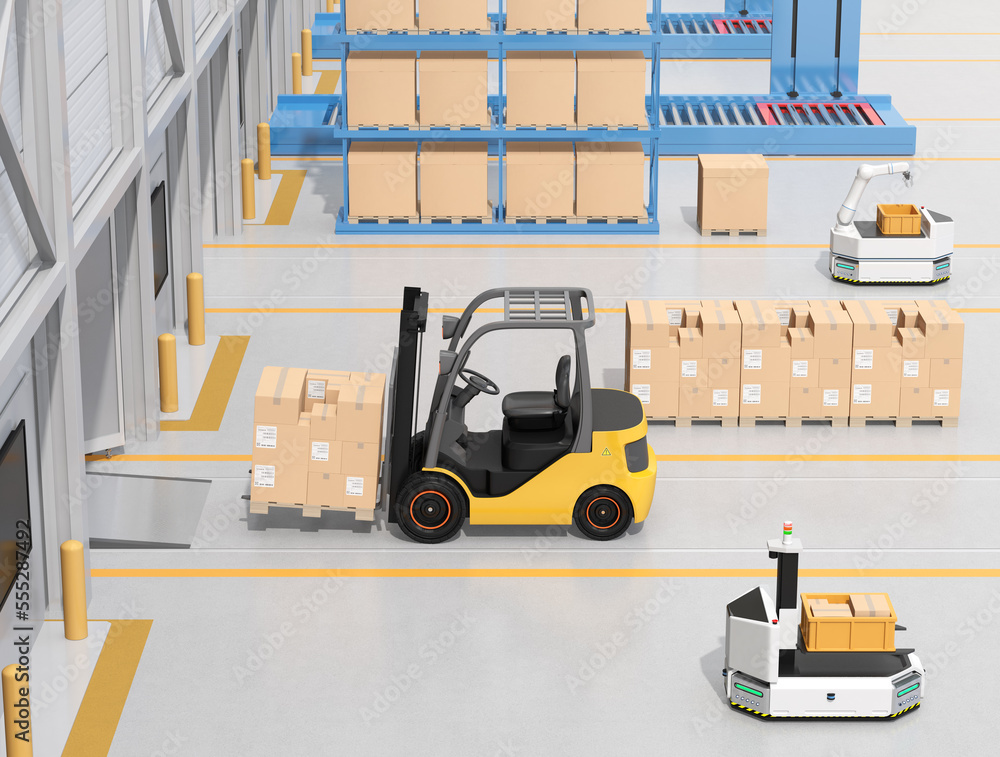 Electric forklift loading goods to truck. Interior view in modern distribution center. 3D rendering 