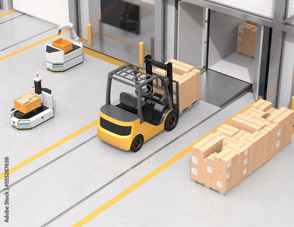 Electric forklift loading goods to truck. AGV robot and cardboard boxes in modern distribution cente