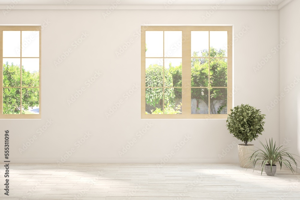 White empty room with summer landscape in window. Scandinavian interior design. 3D illustration