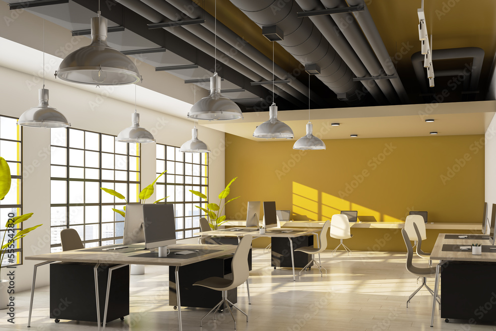 New coworking office interior with furniture, window with city view and daylight. 3D Rendering.