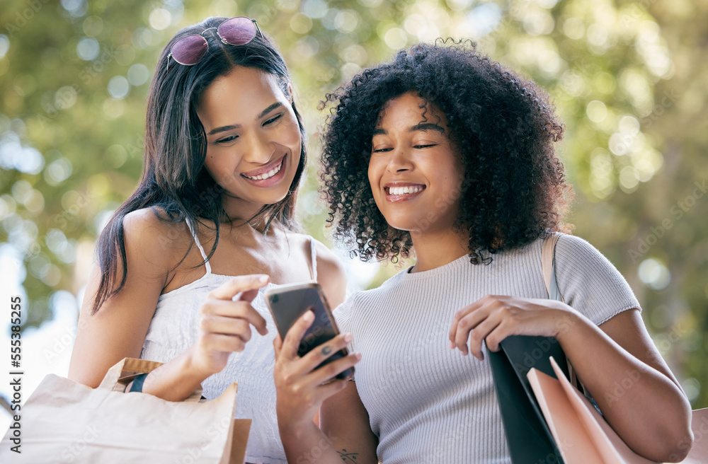 Black woman, shopping and friends with smartphone outdoors for social media retail sales, discount a