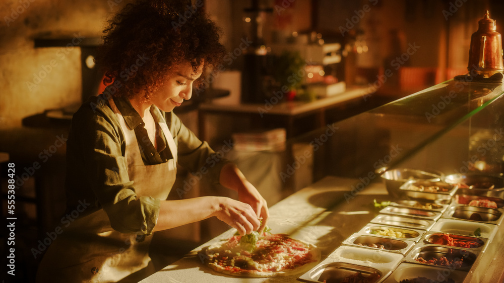 In Restaurant Professional Female Chef Preparing Pizza, Adding Ingredients, Special Sauce, Cheese, T