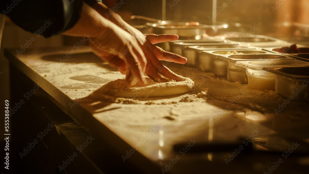 In Restaurant Professional Chef Preparing Pizza, Kneading Dough, Adding Ingredients, Special Sauce, 