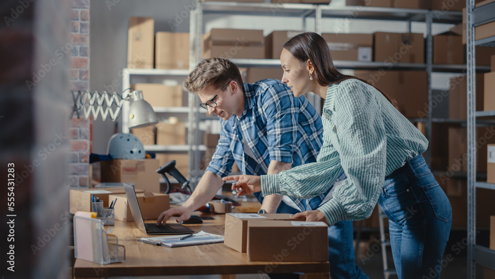 Two Employees Preparing Orders Made from Online Sales in Their Internet Shop. Man and Female Working