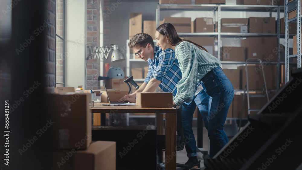 Two Employees Preparing Orders Made from Online Sales in Their Internet Shop. Man and Female Working