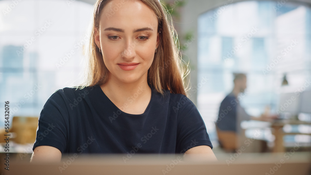 Close Up Portrait of a Beautiful Manager Working in Creative Agency, Writing Corporate Marketing Str