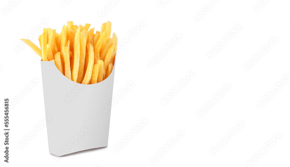 French fries in a white paper box isolated on white background. Ccopy space