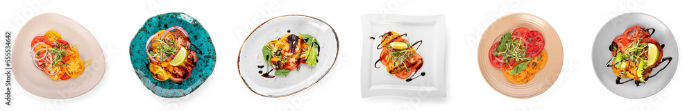 Collage of tasty tomato carpaccio on white background, top view