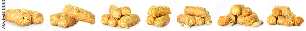 Collage of tasty baklava with pistachio nuts on white background