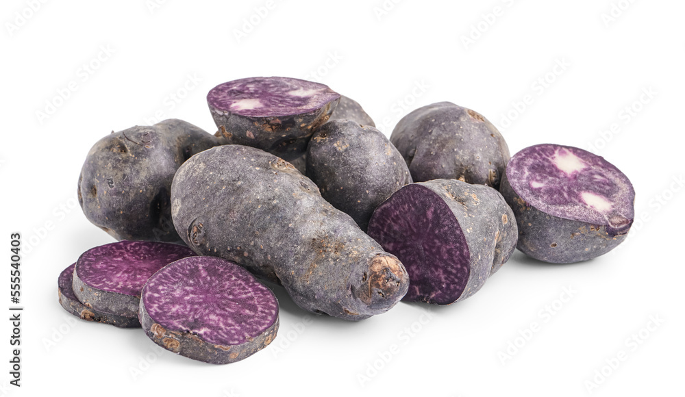 Heap of raw purple potatoes on white background