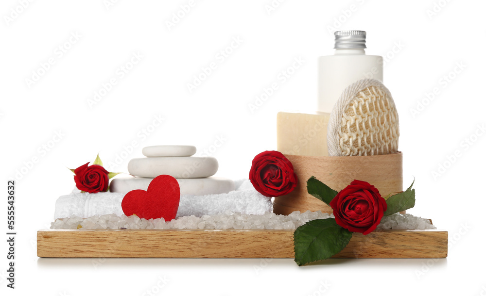 Spa composition for Valentines Day with stones and roses on white background