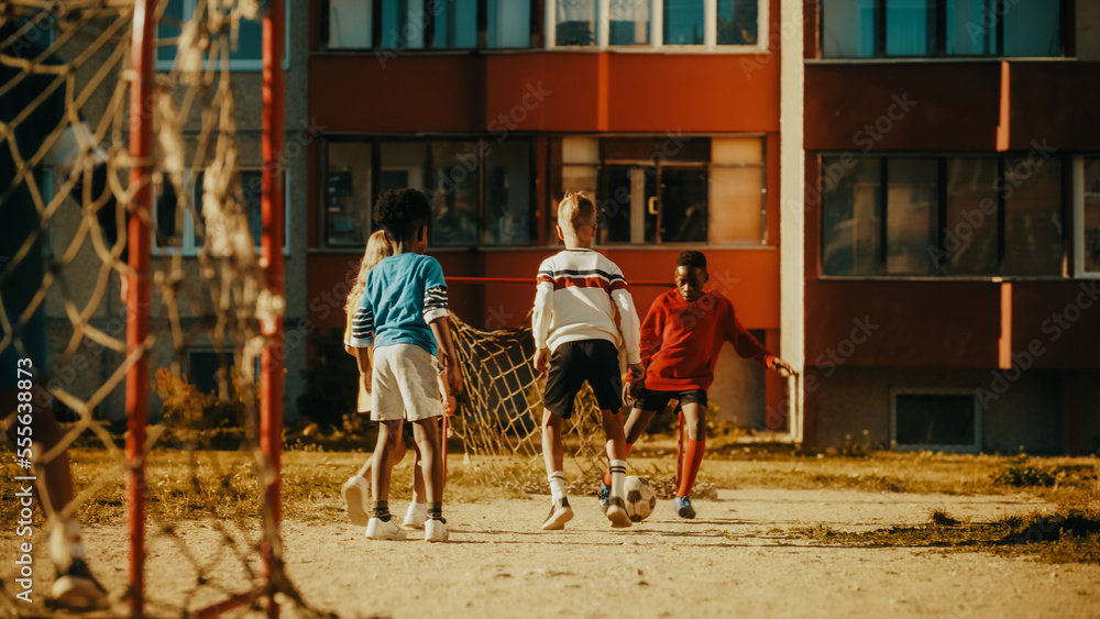 Happy Multiethnic Diverse Friends Playing Soccer in Their Backyard on a Sunny Day in Summer. Cheerfu