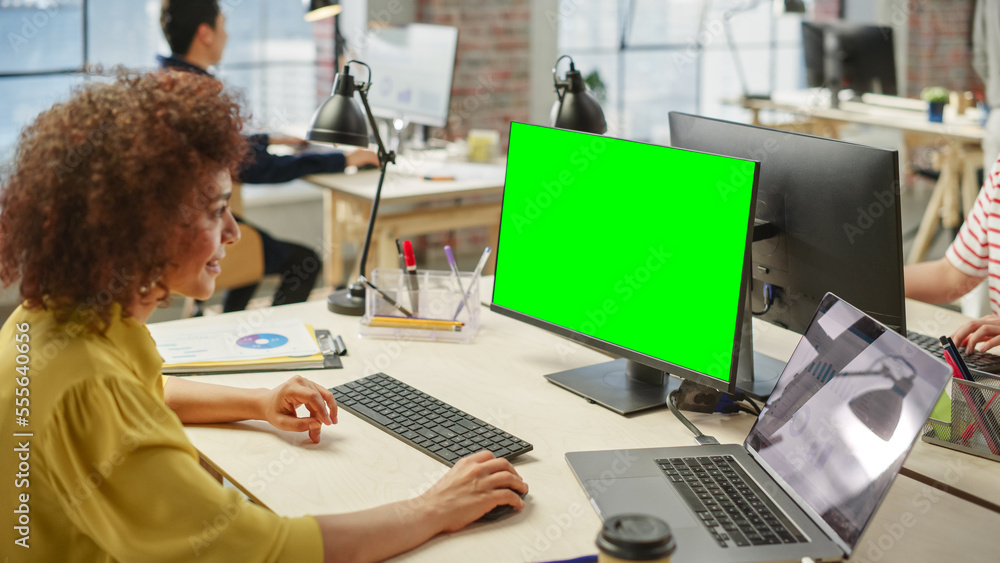 High Angle View of a Female Worker Using Computer in a Bright Modern Office. Administrator Smiling a