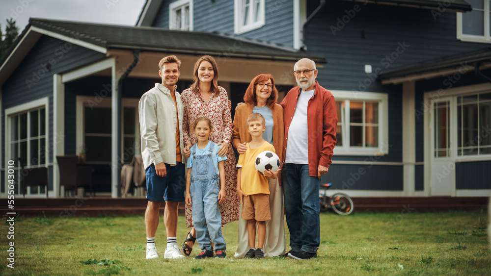 Portrait of a Cheerful Family Couple with a Two Kids and Grandparents, and a Beautiful Golden Retrie