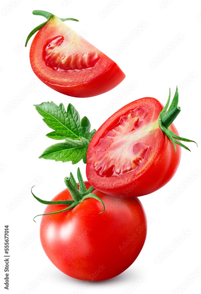 Tomato isolated. Whole tomato with leaf flying on white background. Falling tomato, half, slice and 