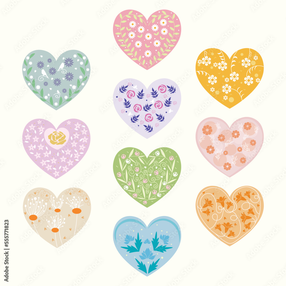 Many beautiful hearts with floral decor on white background