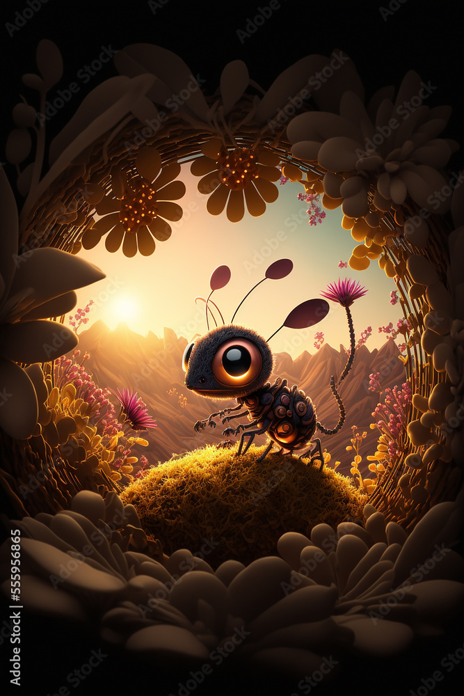 Lovely baby ant at spring blossom, Generative Ai