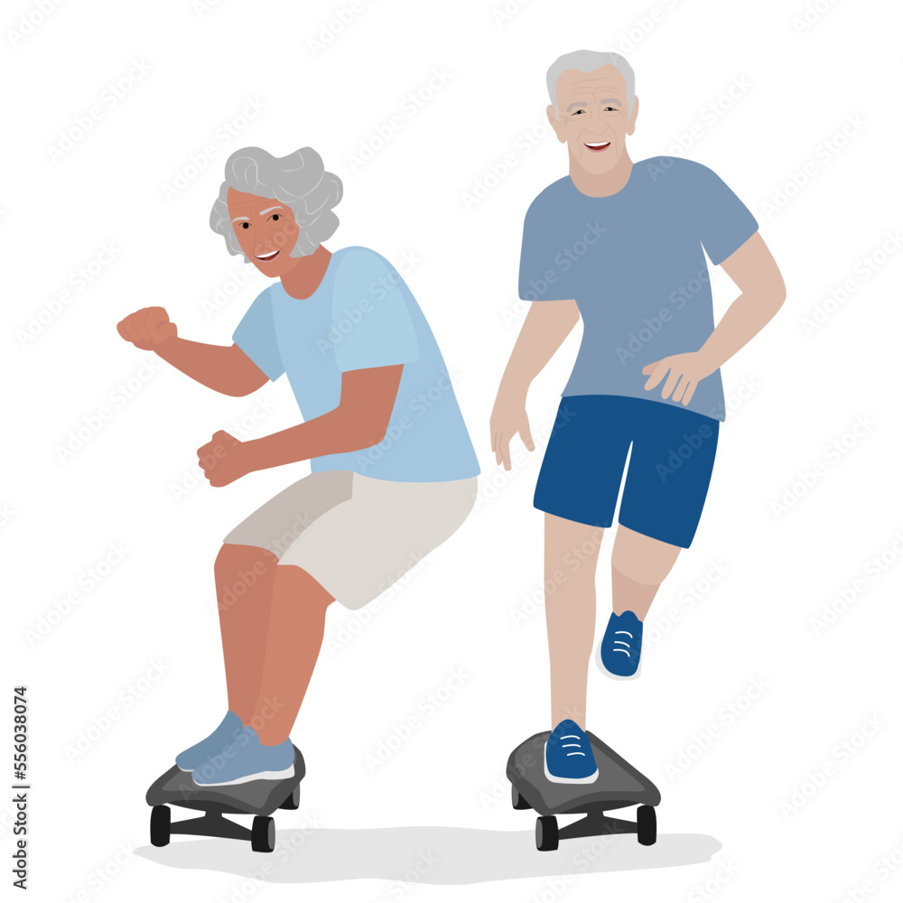 Older man amd woman skating on skateboard