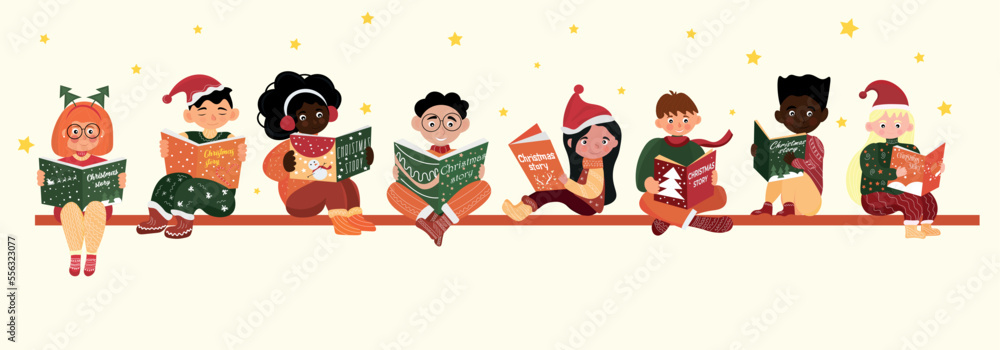 Group of little children in winter clothes reading Christmas story on light background