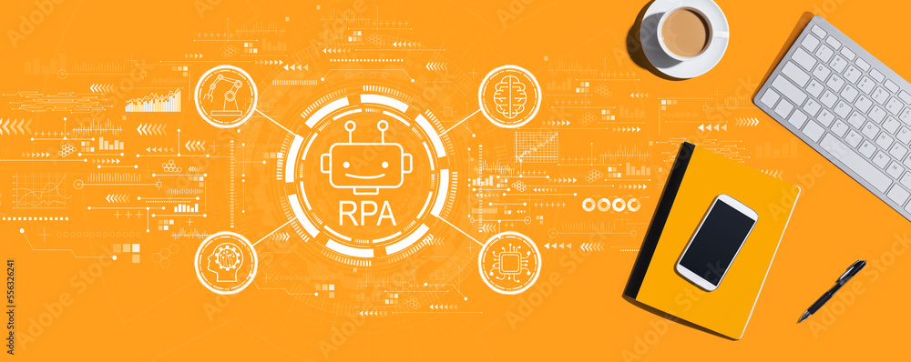 Robotic Process Automation RPA theme with a computer keyboard and office items