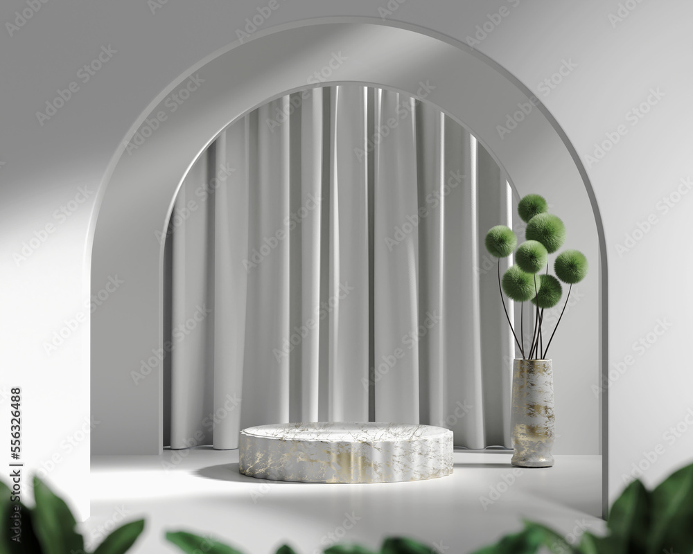 3D rendering platform podium with plant and curtain product presentation background