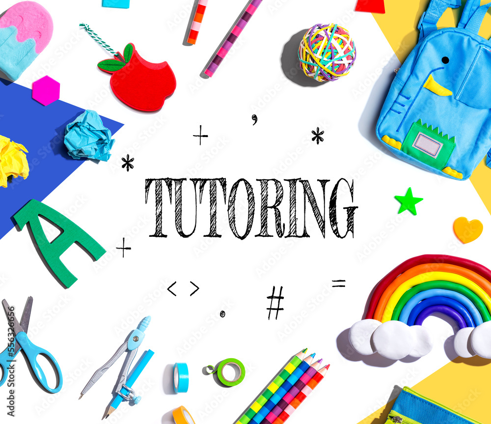 Tutoring theme with school supplies overhead view - flat lay