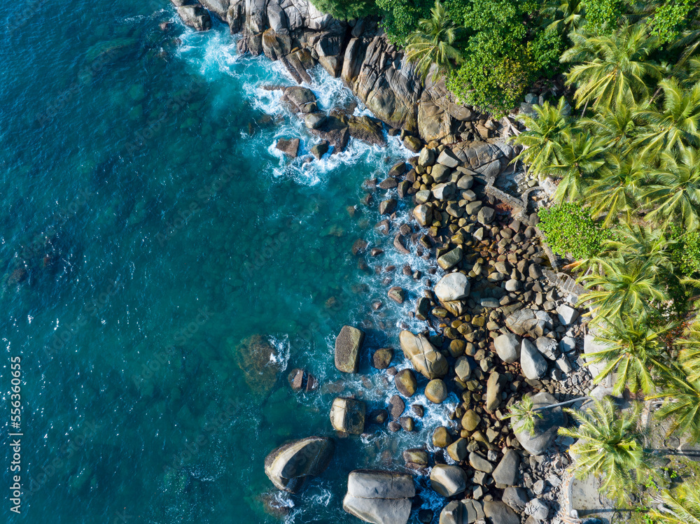 Amazing top view beautiful seashore, Aerial view of Tropical sea in the beautiful Phuket island Thai