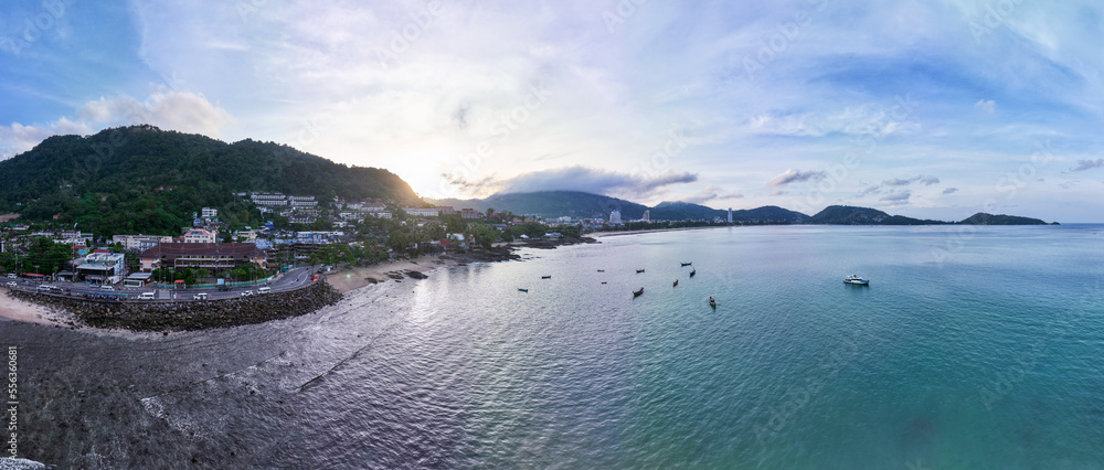 Aerial view drone shot Amazing panorama patong bay phuket island. Beautiful island in thailand Amazi