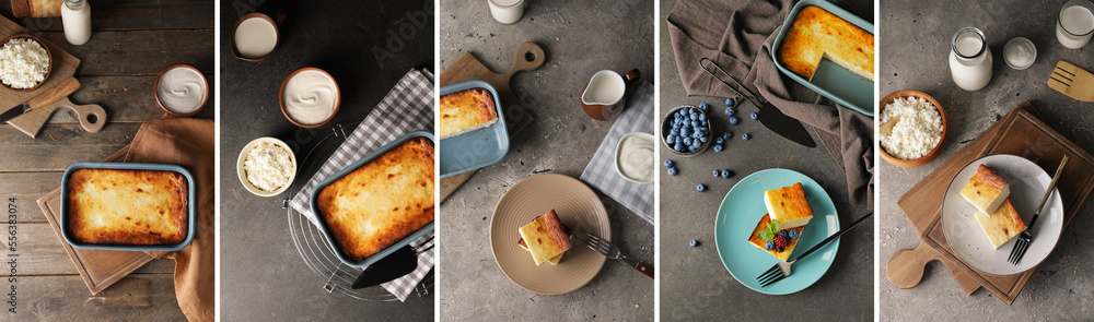 Collage of tasty baked cottage cheese pudding on table, top view