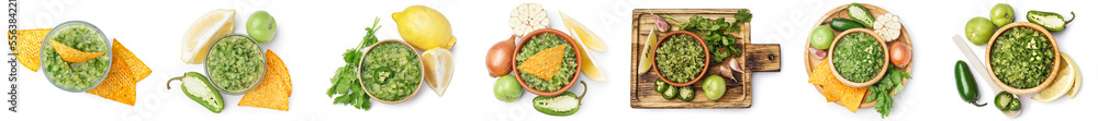 Collage of tasty green salsa sauce on white background, top view