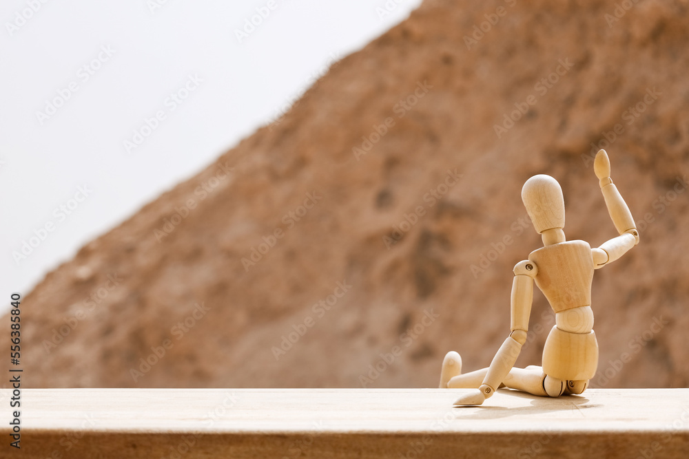 Wooden mannequin on fence in desert