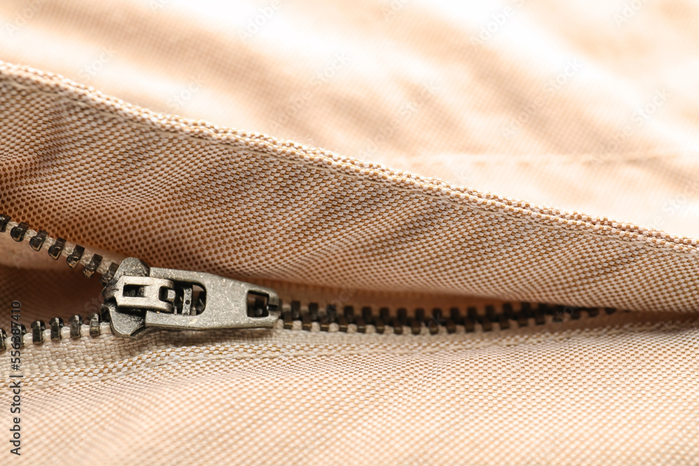 Closeup view of metal zipper on clothes