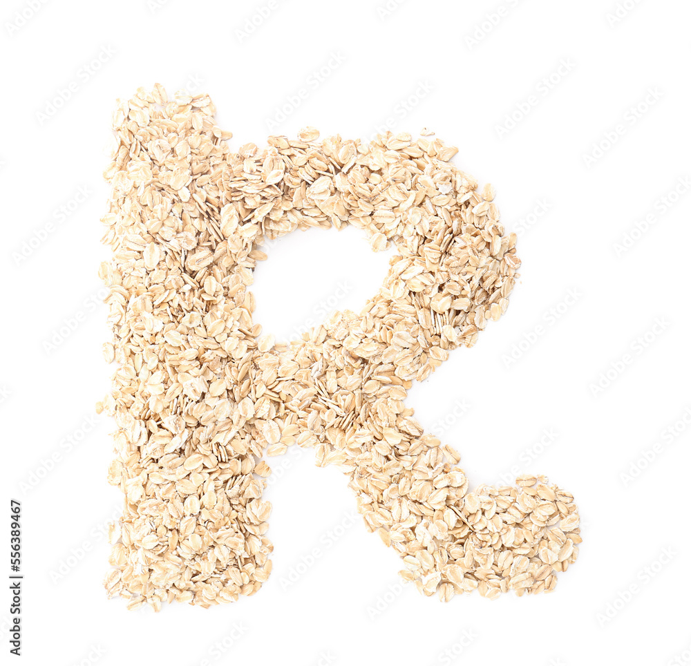 Letter R made of raw oatmeal on white background