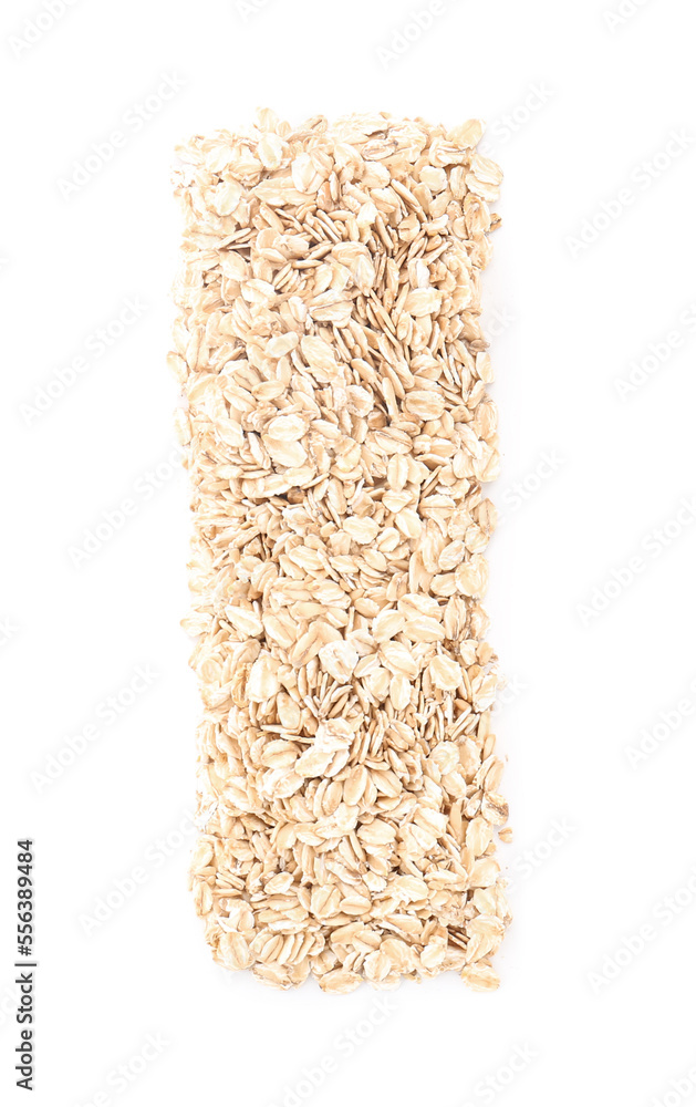 Letter I made of raw oatmeal on white background