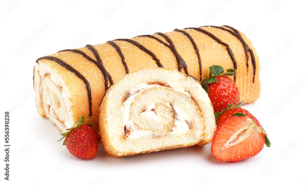 Sweet sponge cake roll and strawberry on white background