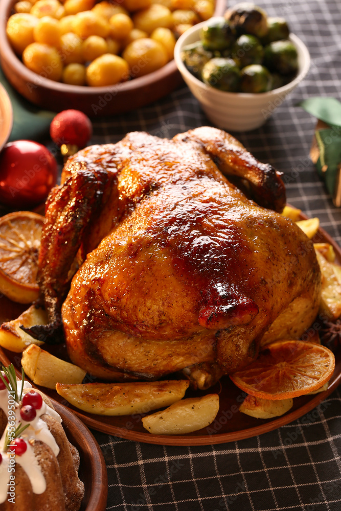 Plate with tasty chicken and potato on Christmas dining table in room, closeup