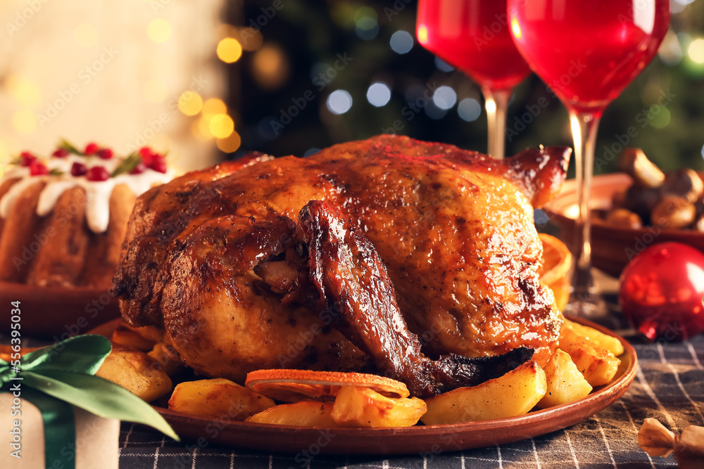 Plate with tasty chicken and potato on Christmas dining table in room, closeup