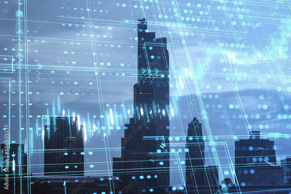 Glowing candlestick forex grid chart on blurry city backdrop. Financial growth, trade and stock mark